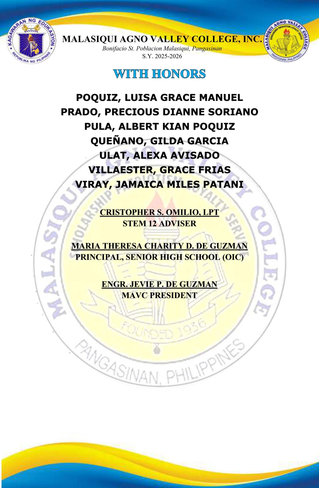 SENIOR HIGH SCHOOL DEPARTMENT ACADEMIC EXCELLENCE AWARDEES (3RD QUARTER)